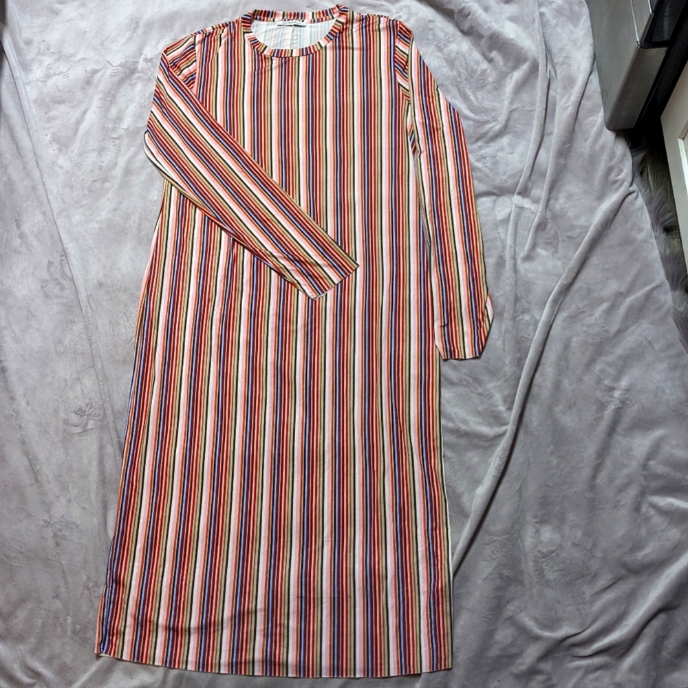 Zara Long Sleeved Midi Sheath Dress in Vivid Multi Stripes - Size L - MAKE OFFER